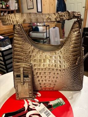Brahmin Tabitha Metallic Croc-Embossed Hobo in Champagne Taupe